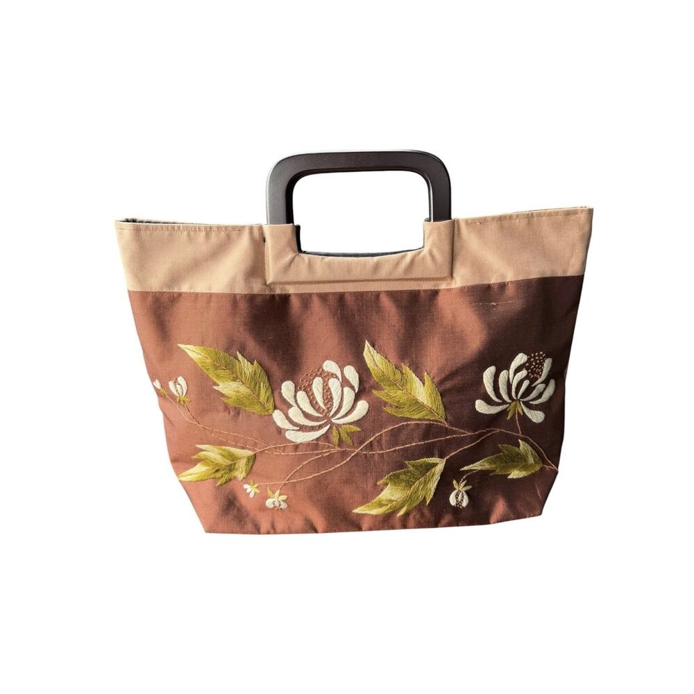 VTG Raw Silk Embroidered Tote Bag Lucite Handle Bronze Floral L Statement Purse